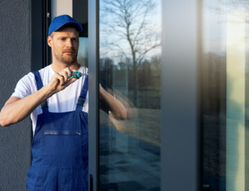 worker installing and adjusting aluminum frame of sliding door