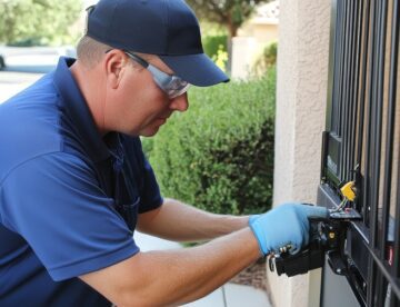 A technician is installing or repairing a gate lock while wearing protective gear.