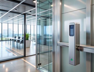 A sleek biometric keyless lock in modern office